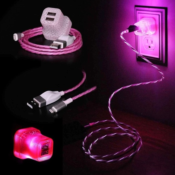 New Pink fast charge 4ft light up cord and light up dual usb wall plug in Type C - Picture 1 of 3